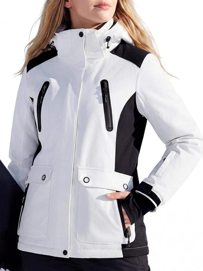 FREE SOLDIER Women's Waterproof Ski Snow Jacket Warm Fleece Lined Winter Rain Jacket with Hood Fully Taped Seams (X-Large, White Black)