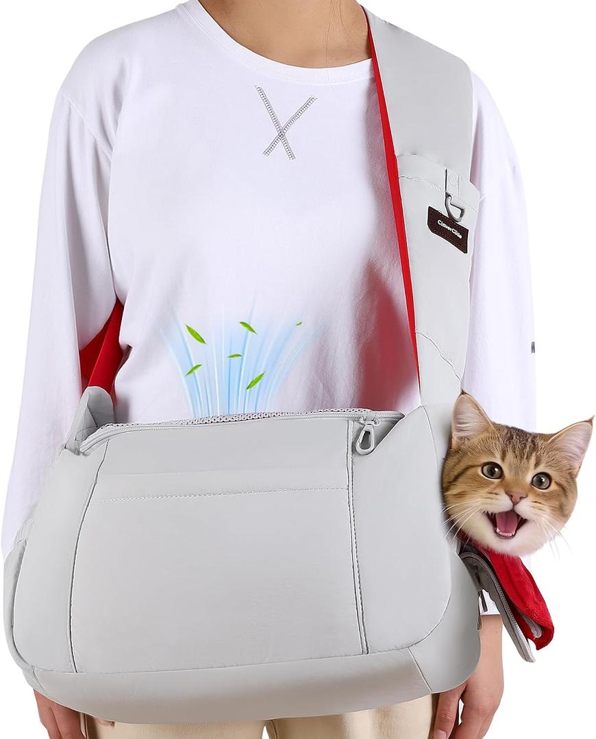 Dog Sling Carrier for Small Dogs & Cats up to 10lbs, Soft Puffy Lightweight Cat Sling Carrier with Adjustable Padded Shoulder Strap & Storage Pocket for Hands-Free Walking & Hiking Grey