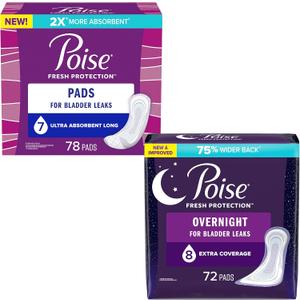 Poise Incontinence Pads & Postpartum Incontinence Pads for Women Bundle: 7 Drop Ultra Absorbency, Long Length, 78ct and 8 Drop Overnight Absorbency, Extra-Coverage Length, 72ct