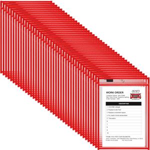 Nezyo Dry Erase Pockets Plastic Job Ticket Holders Shop Holder Order Pockets Clear Sleeves Tickets Folders Plastic Sleeves Paper Teacher Supplies for Classroom(12 x 9.5 in,Red,50 Pcs)