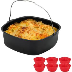 8inch Air Fryer Cake Pan, Non-stick Air Fryer Cake Barrel Square Deep Baking Pan Pizza Baking Pan for Instant Pot Cake Tray Basket Kitchen Accessorie Set (with 6 muffin cups) (Black)