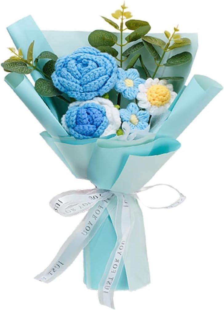 Crochet Flowers Rose Artificial Flower, Handmade Crochet Flowers Bouquet,Crochet Knitted Flowers Gifts for Mom Lover Friend Home Decor,for Girlfriend Mothers Day Birthday Home Decor (Blue)