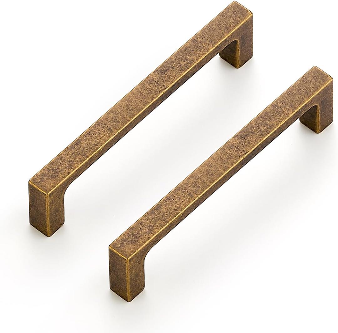 Ravinte 10 Pack Solid 4 Inch Kitchen Square Cabinet Handles Antique Brass Pulls Drawer Pulls Kitchen Cabinet Hardware Handles (4" Hole Center)