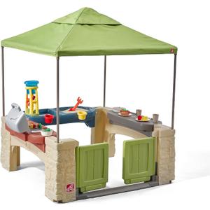 Step2 All Around Playtime Patio with Canopy, Kids Indoor/Outdoor Kitchen Playset & Sensory Playhouse, Made of Durable Plastic, Includes 16 Piece Toy Accessories, For Toddlers 2+ Years Old, Green