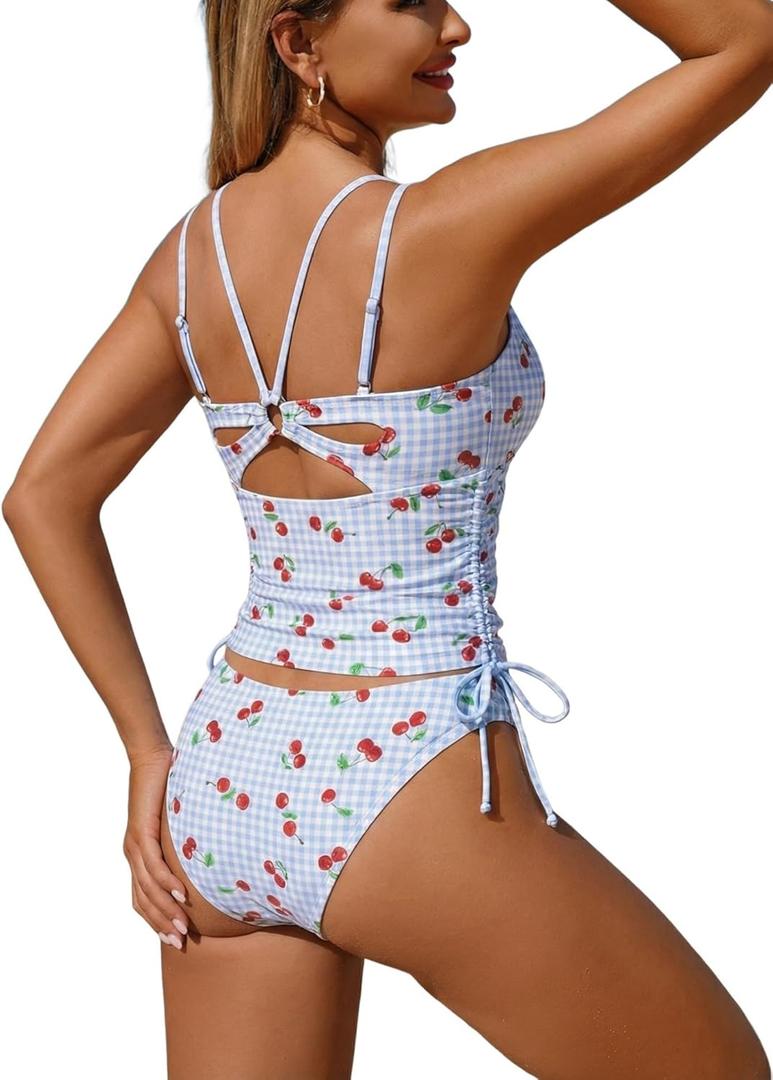 ZAFUL Two piece Tankini y2k Cheeky Tummy Control Swimsuit V-Neck Spaghetti Strap Slimming Bathing Suit 2026 (S)