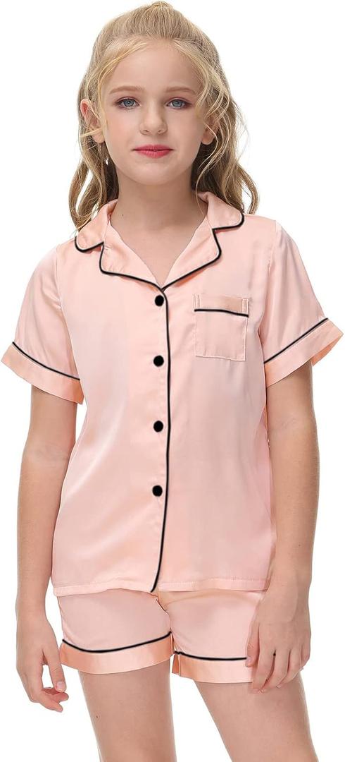 Veseacky Luxurious Kids Satin Pajama Button Down Short Sleeve Nightwear Classic Solid 2 Piece Pj Set(Champagne,130)