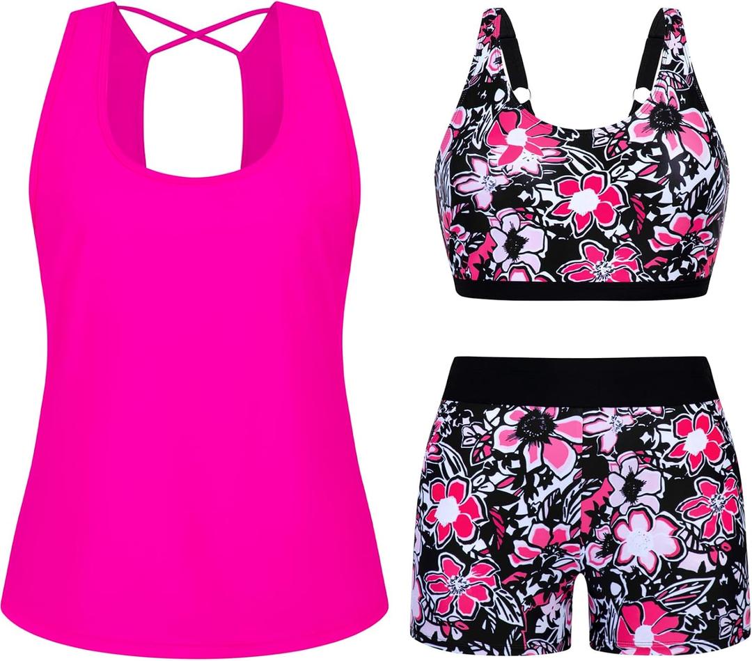 Arolina 3 Piece Swimsuits for Women Tankini Sets Modest Bathing Suits Plus Size Swimsuit Swimwear 2026 (Pink), 18W
