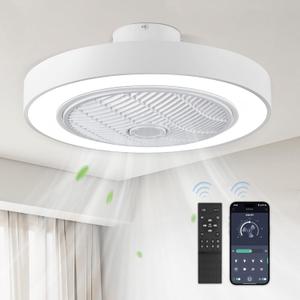 LEDIARY 22in Enclosed Ceiling Fan with Light and Remote, White Modern Bladeless Ceiling Fan with Bright Light, Led Flush Mount Ceiling Fan for Bedroom, Living Room, Kid Room(6 Speeds, 3000-6000K) (22 Inch)