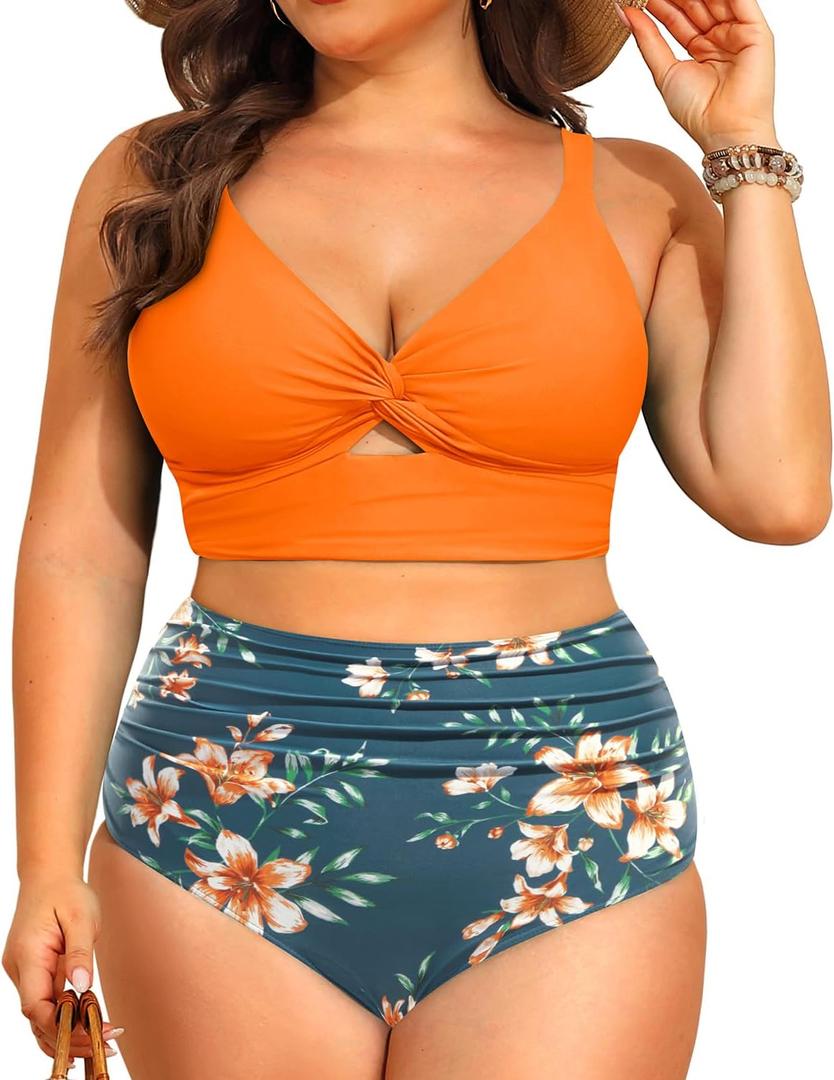 Daci Plus Size Two Piece Swimsuits - Women High Waisted Bikini Tummy Control Bathing Suits Knot Twist Swimwear 2025 Orange Flowers 18 Plus2