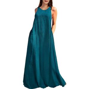 Rainday Women's Linen Dress Sleeveness Loose Dresses Casual Maxi Dress with Pockets, 4XL (Blue)