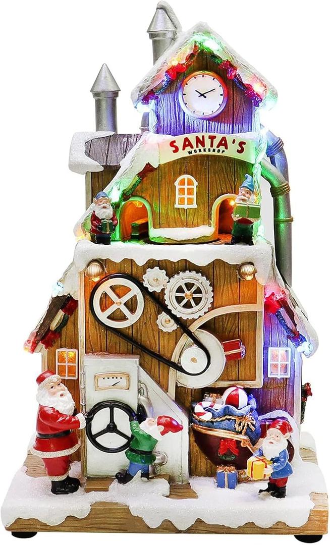 Santas Workshop Animated Christmas Village Moments in Time LED Lights, Music & Moving Scene Hand-Painted Polyresin Holiday Building with Adapter Christmas Home Dcor Collectible