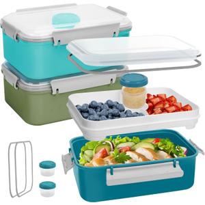 3 Pack Salad Lunch Box Food Storage Containers, 47oz Bento Box To Go Container with Lids, Meal Prep Containers with Removable Tray & Dressing Pots for Kids and Adults, Reusable and Microwave Safe (Navy & Dark Green & Light Blue)