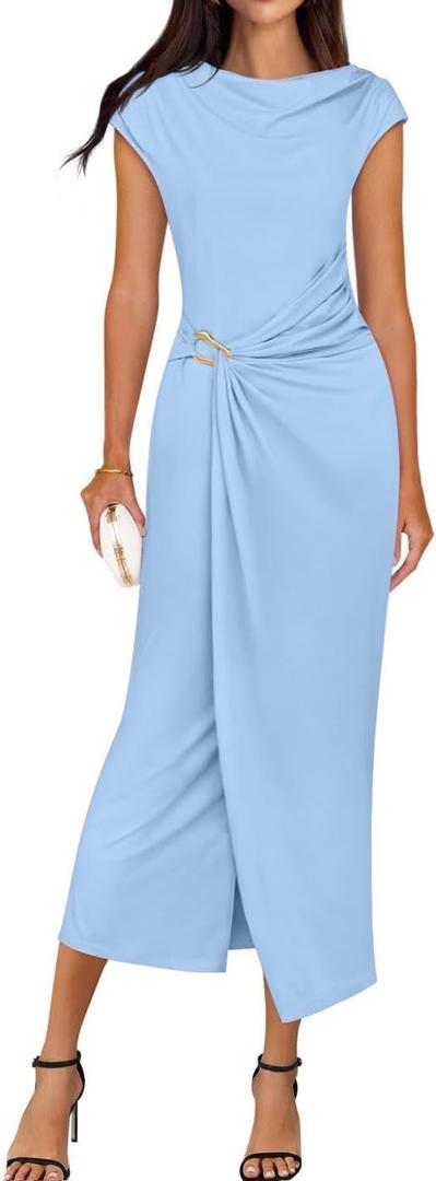 ZESICA Women's 2025 Summer Mock Neck Casual Bodycon Dress Cap Sleeve Elegant Cocktail Party Long Midi Dresses, Sky, Small
