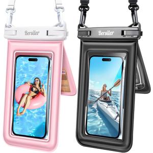 [Floatable 2 Pack Floating Waterproof Phone Pouch Case Up to 8.5", IPX8 Waterproof Phone Double Bag, Dry Bag for iPhone 17 16 15 14 13 Pro Max Galaxy S24+ S23, Beach Cruise Ship Essentials (Black+Pink)