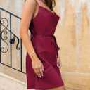 Women's Satin Mini Dress Spaghetti Strap Sleeveless Cowl Neck Tie Waist Silky Cocktail Party Short Dresses (Red, S)