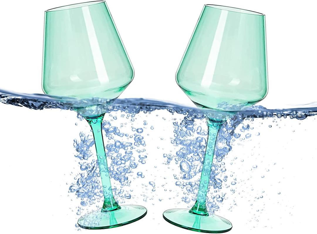 Floating Wine Glasses for Pool (18 Oz | Set of 2) - Wine Glass Set That Float | Shatterproof Poolside Wine | Beach Glass | Outdoor Tritan Plastic Glassware with Stem for Patio, Picnic - Ocean Green (Green)