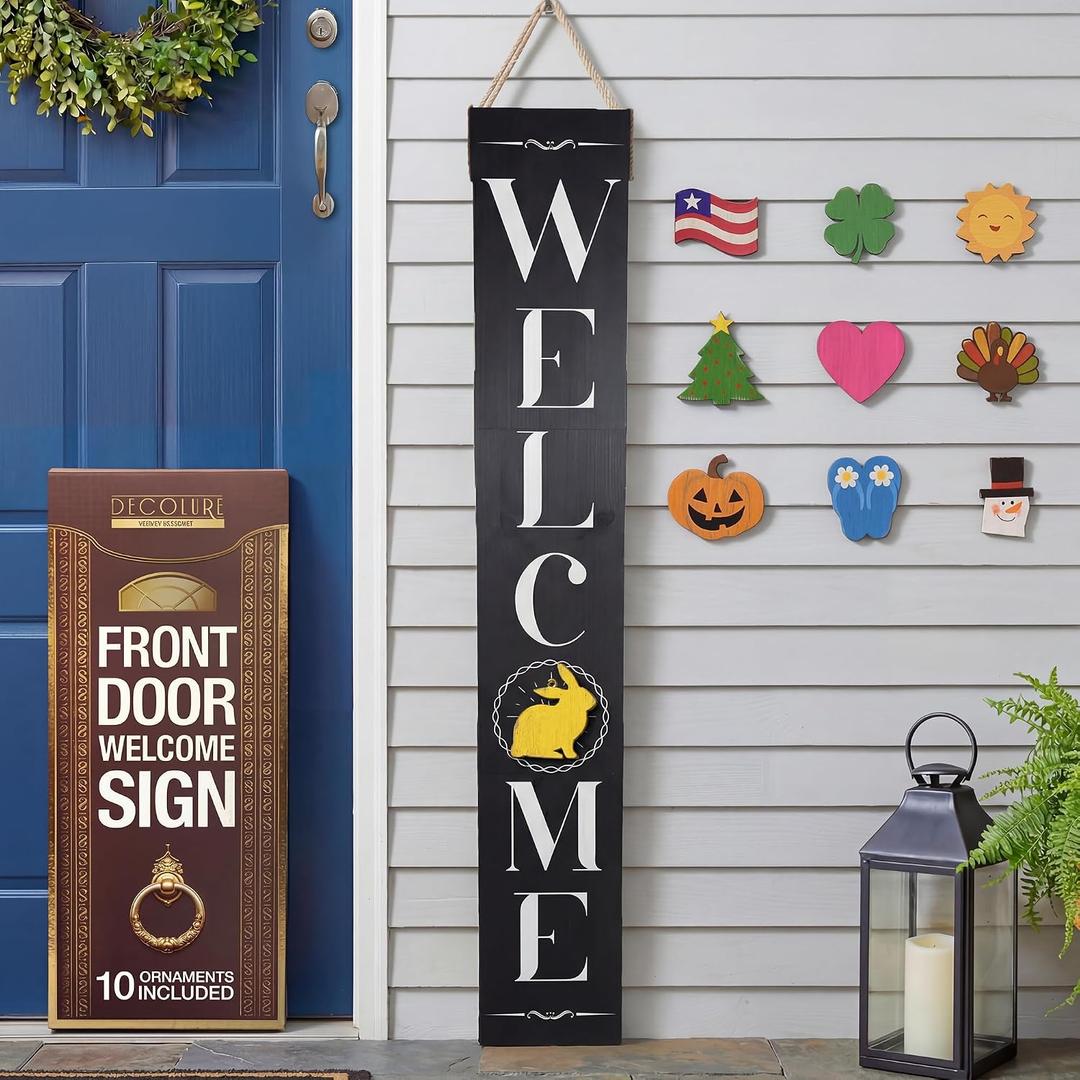 DECOLURE Welcome Sign for Front Porch - Tall Solid Wood Porch Door Sign with 10 Magnetic Seasonal & Holiday Pieces, Rustic Farmhouse Outdoor Decor for Year Round Welcoming Entryway (Porch Black), 50 inches