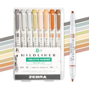 Zebra Pen Mildliner Dual-Tip Highlighters, Broad and Fine Tips, Ideal for Bible Highlighting, No Bleed, School Supplies and Teacher Supplies, Assorted Neutral Vintage Ink Colors, 8-Pack (78208)