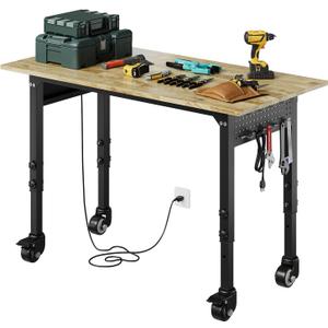 48 "Adjustable Workbench with Power Outlet,Heavy Duty 2000 LBS Work Bench with Wheels, and Pegboard,Mobile Work Table Suitable for Workshop, Office, Garage, Home