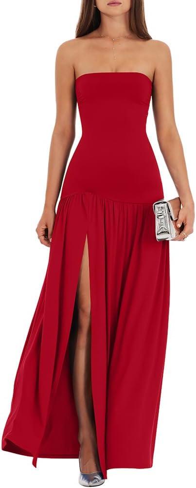 LAGSHIAN Women's Summer Strapless Flowy Maxi Dress Tube Bodycon Split A Line Long Party Dresses (Red, L)