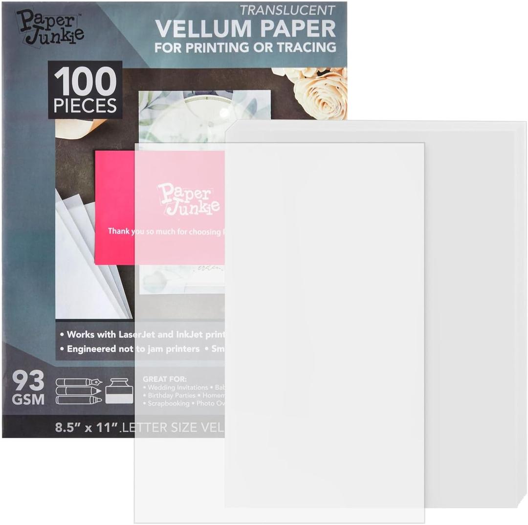 100 Sheets 8.5 x 11 in Translucent and Printable Vellum Paper for Invitation, Sketching & Card Overlays (93gsm/63lb)