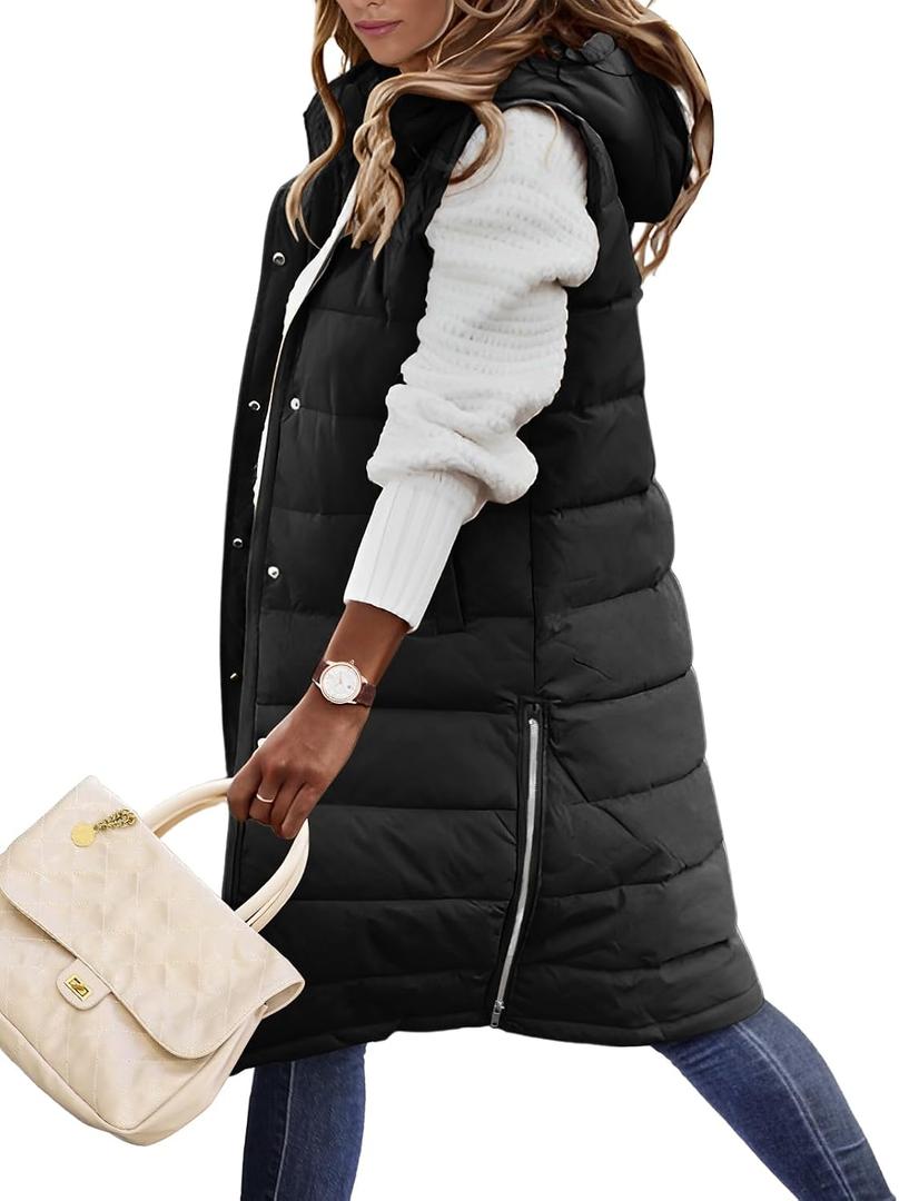 Long Puffer Vest Women Quilted Hooded Vest Zip Up Sleeveless Vests Outerwear Padded Jacket Warm Winter Coat 2026, Size: Small