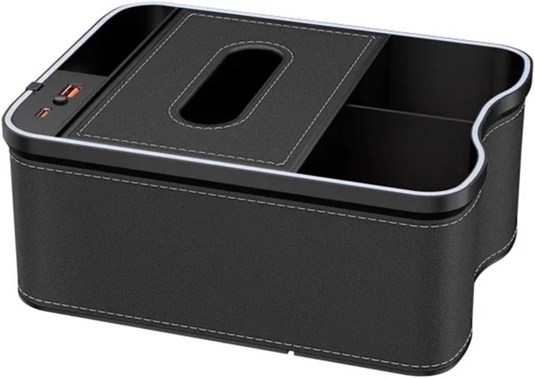 Car Armrest Storage Box with LED Tube and Dual USB Ports Charger,Compatible For Various Car Models(Black)