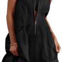 Fisoew Women's Sleeveless Tank Mini Dress Casual Half Zip V Neck Loose Mesh Back Utility Summer Dresses with Pockets (X-Large, Black)