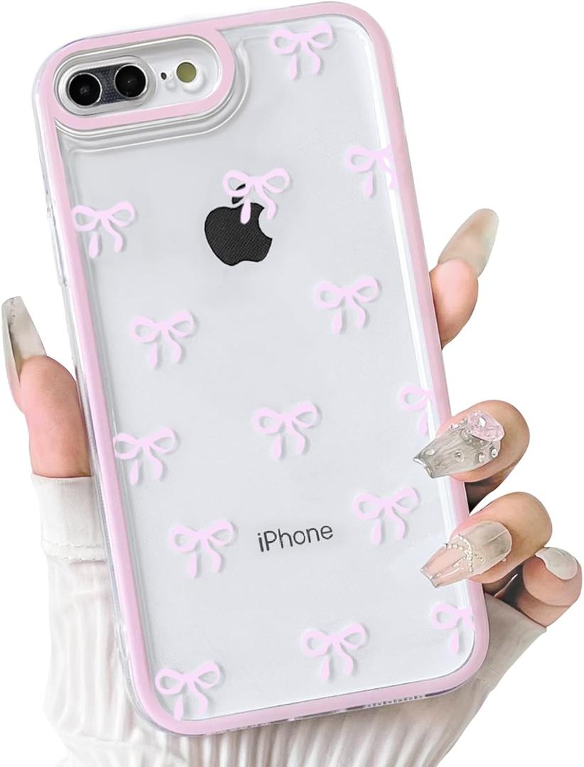 NITITOP Compatible with iPhone 7 Plus / 8 Plus Case Cute Clear Durable Ribbon Bowknot Pattern for Girls Women Soft TPU Transparent Full Camera Lens Shockproof Protective Phone Cover - Pink
