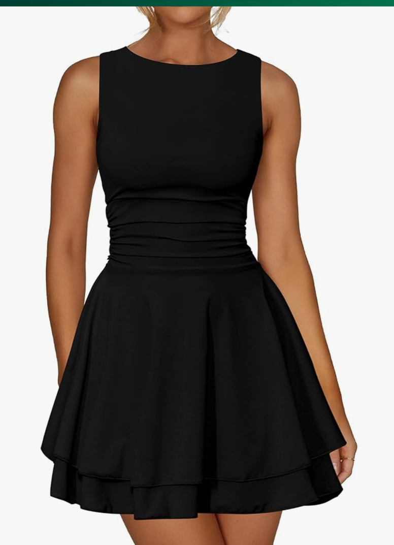 Kaximil Women's Ruffle Hem Boat Neck Mini Dress Sleeveless Ruched Corset Short Party Dresses,  Small, Black 