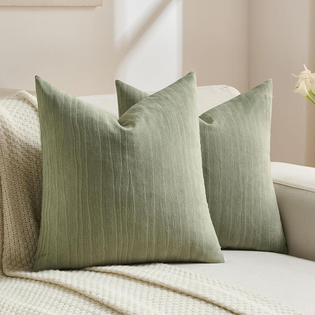 FUTEI Pack of 2 Chenille Decorative Throw Pillow Covers 20x20 Inch,Soft Crushed Striped Texture Cushion Case,Modern Home Decor for Couch Bed Living Room,Sage Green