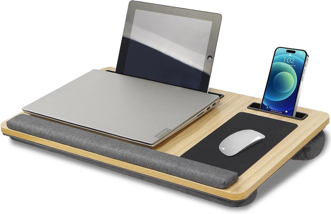 Wood Laptop Tray with Wrist Rest - Portable Laps Desk for Lap, Lightweight Laptop Lap Tray with Mouse Pad, Fits Laptops Up to 17 Inches, with Tablet Phone Holder, Beige
