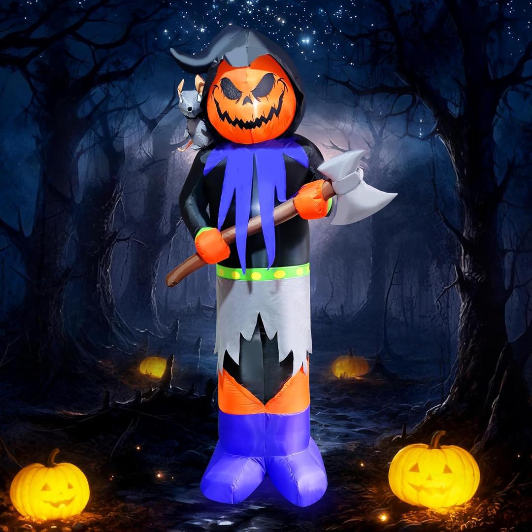 8FT Ghost Halloween Inflatable Decoration Blow Up Grim Reaper Hold Axe with Scary Pumpkin Face Inflate Spooky Ghost Build-in LED for Outdoor Party Garden Yard Lawn Decor