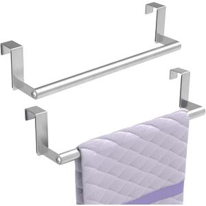STWWO Over The Door Towel Rack, Kitchen Towel Holder Over Cabinet Door Towel Bar Stainless Steel for Cupboard for Kitchen Dish Towel Holder Hanger, 2 Pack (Brushed Nickel)