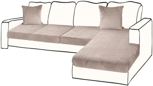 BT.WA Sectional Couch Covers for 4-Piece Seat Cushion Velvet Separate L Shape Couch Cover Stretch Sofa Slipcover with 2 Pieces Pillowcases Furniture Protector (Sofa 3 Seater + 1 Chaise, Tan)