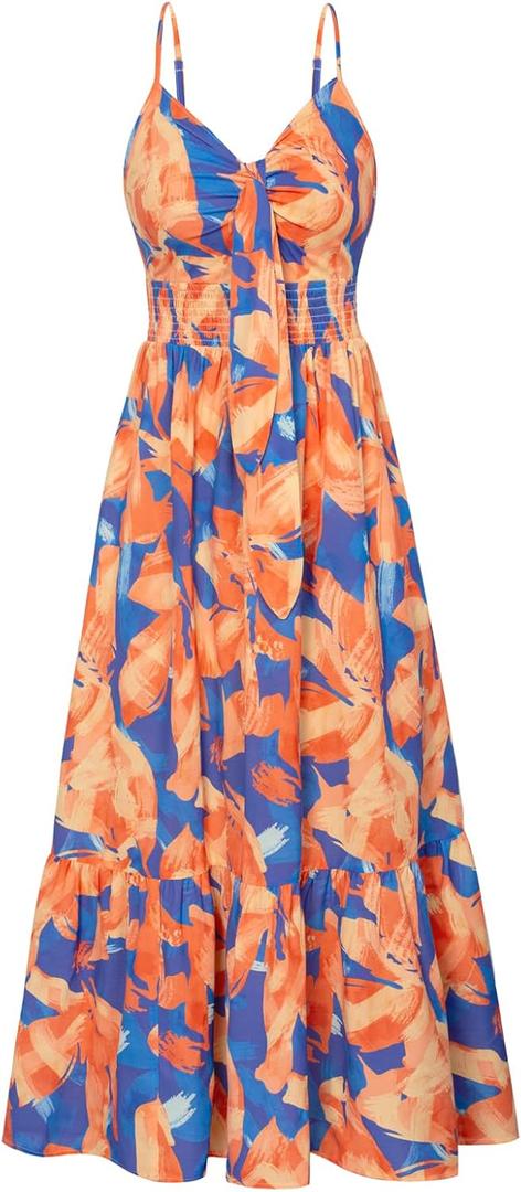 GRACE KARIN Women's 2025 Summer Maxi Dress Floral Tie Front Spaghetti Strap Casual Boho Beach Flowy Sundress with Pockets (Small, Orange Blue Floral)