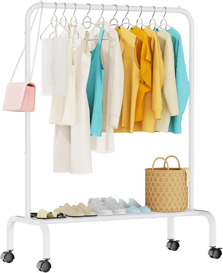 Rolling Clothing Racks for Hanging Clothes, Garment Rack for Clothes to Hang, Metal Portable Wardrobe Rack for Coats, Jackets, Shirts, Dress,White