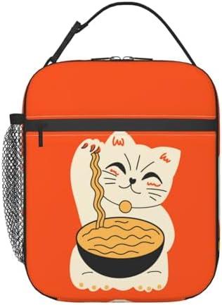 Insulated Lunch Box for Kids Adults Ramen Lunch Box for Work, Picnic, School, Travel, Hiking, Beach or Fishing Polyester Cat Eat Ramen Theme Lunch Bag