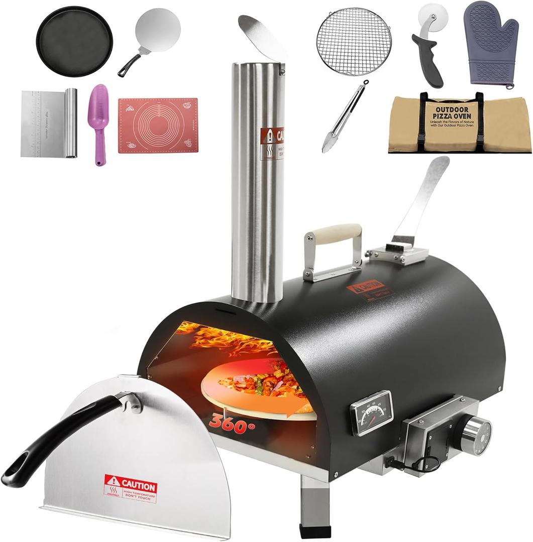 12", Fully Automatic Rotating, Wood Fired, Portable Stainless Steel Pizza Oven Outdoor, Suitable for Camping, Backyard, Black