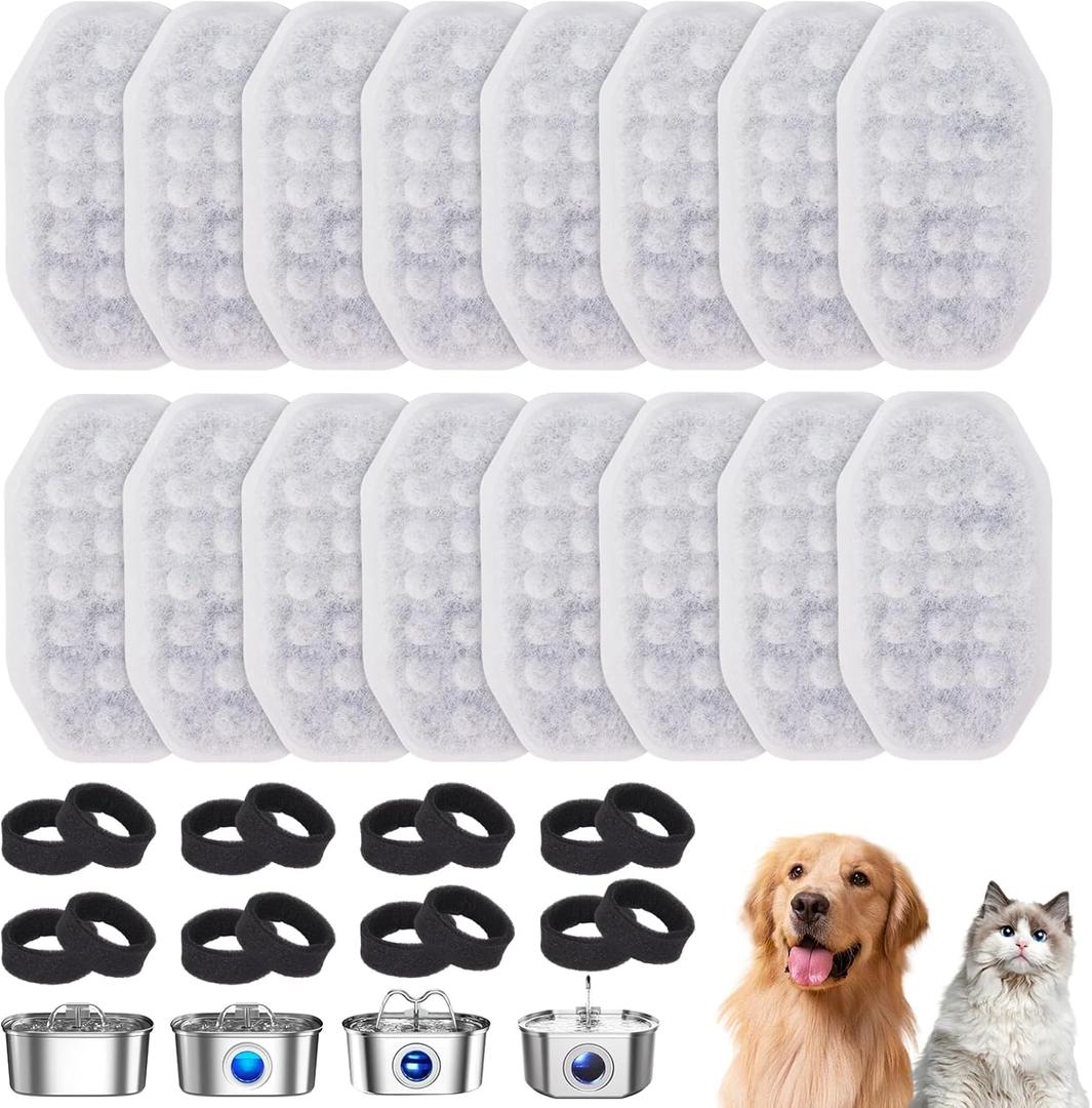 32 Pack Cat Water Fountain Filters: 16 Pack Filters+16 Pack Pre-Filter Sponges for 108/3.2L& 67oz/2L Stainless Steel Pet Water Dispenser, Cat Fountain Filter for Automatic Pet Fountain Water Dispenser