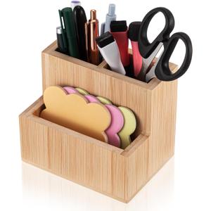 Maitys Bamboo Wood Pen Holder for Desk Wooden Pencil Remote Control Organizer with 3 Compartments Small Desk Accessories for Workspace Home Office Classroom Bathroom