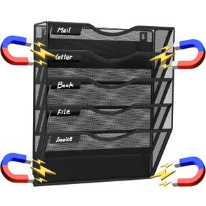 Magnetic 5 Pocket Wall File Organizer, Mesh Hanging Wall Mounted Document Paper Filing Magazine Rack with Nametag Label for Office Home School, 5 Tier Black