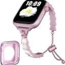 Fitlink Stainless Steel Apple Watch Band for Women, Bling Apple Watch Bands 38mm 40mm 41mm 42mm 44mm 45mm for Apple Watch Series 7 Apple Watch Series 6 Apple Watch SE Apple Watch 3 4 5 (Pink)