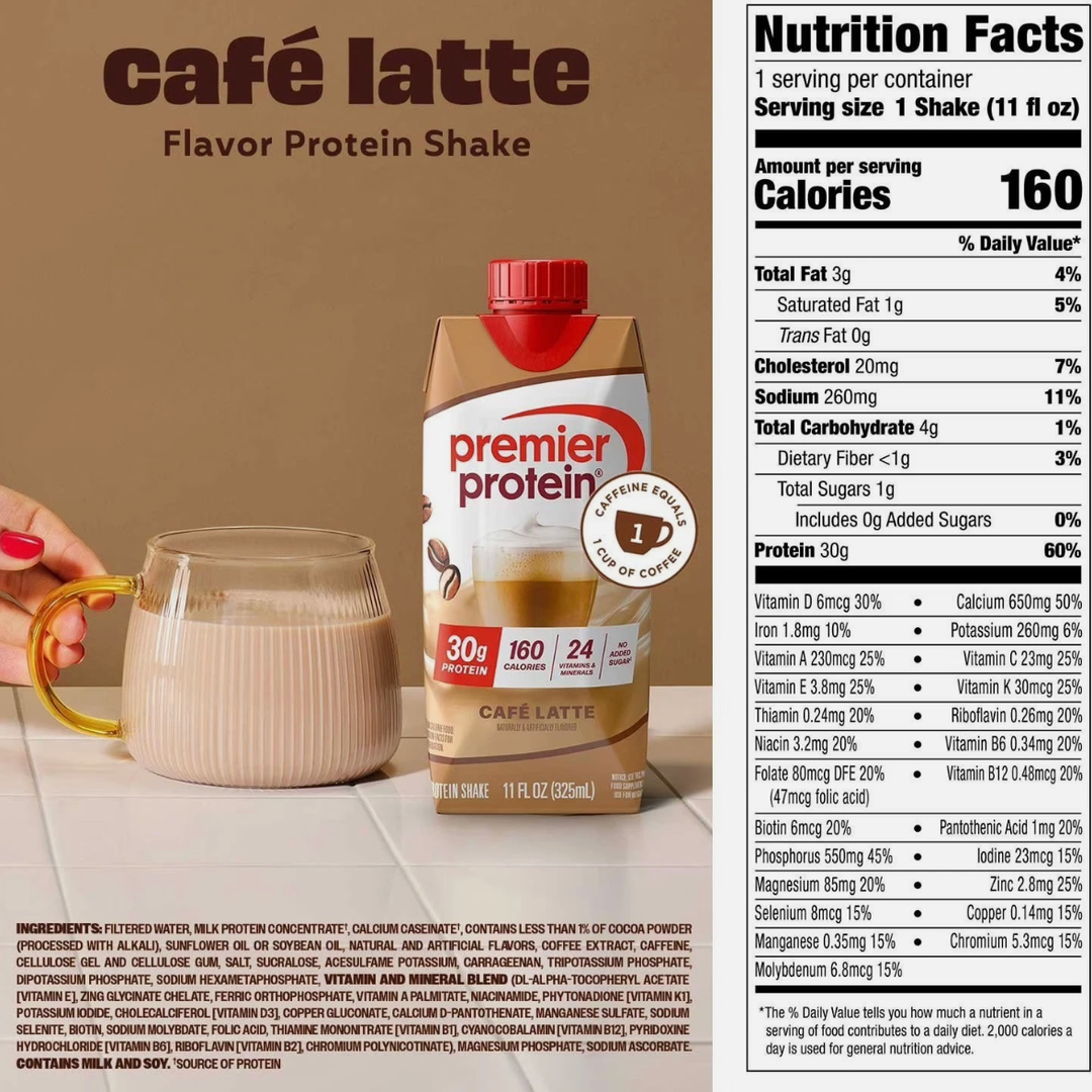 Premier Protein® CAFÉ LATTE HIGH PROTEIN SHAKE MATURALLY & ARTIFICIALLY FLAVORED 12 - 11.5 FL OZ (340mL) SHAKES NET 1.07 GAL. (4.08L), BB 04 JAN 2027