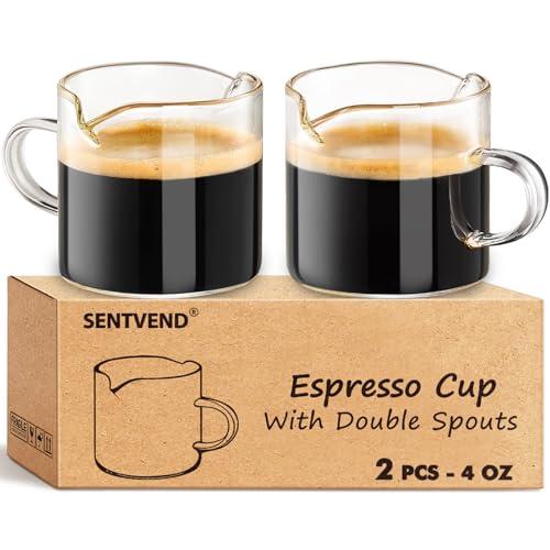 Espresso Cups Set of 2 - 4 Oz Espresso Shot Glass with Handle Double Spout Cups Clear Glass Milk Cup Espresso Accessories Great for Making Coffee Desserts Salad Dressings