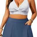 Women's Plus Size High Waisted Bikini - Two Piece Swimsuit with Skirt 2025 Tummy Control Bathing Suit with Pocket (Striped and Blue) 16