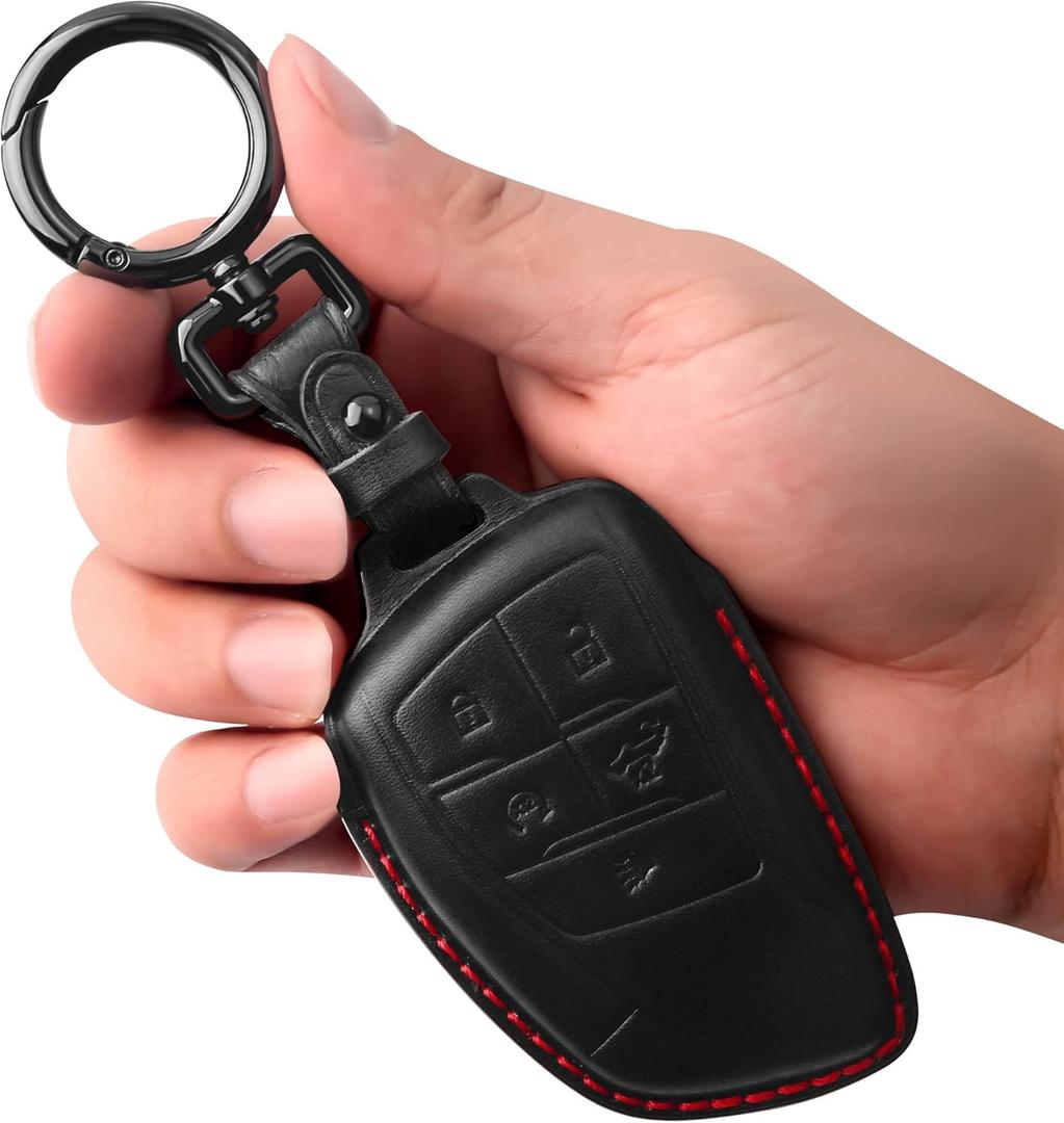Tukellen Genuine Leather Key Fob Cover Smart Key Holder Sleeve Fit for 2021-2026 Chevy Chevrolet Colorado Equinox Silverado GMC Canyon Sierra Terrain Yukon Denali Suburban Tahoe Buick-Black(Red line) (5 Buttons)