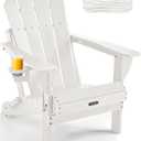 Ciokea Folding Adirondack Chair Wood Texture, Patio Adirondack Chair Weather Resistant, Plastic Fire Pit Chair with Cup Holder, Lawn Chair for Outdoor Porch Garden Backyard Deck (White)(32.9"D x 29.4"W x 35.8"H)