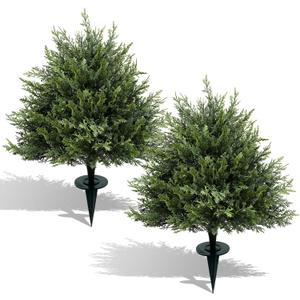28" Artificial Cedar Topiary Ball Trees with Spike, Set of 2 Faux Cedar Bushes, UV Resistant Fake Shrubs, Artificial Cypress Topiary Outdoor Plants for Indoor&Outdoor Front Porch Garden