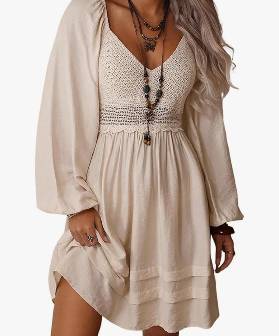 Women Dress 2025 Trendy Vintage Apricot V-Neck Hollow Crochet Long Sleeve Elastic Waist Loose Hem Bohemian Mini Dress Size M